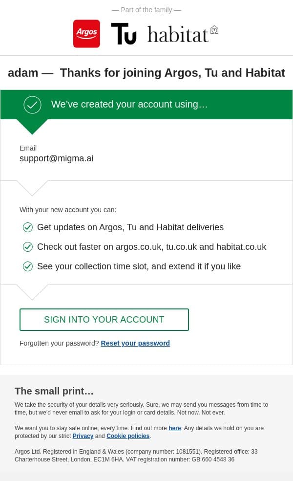 We've created your Argos, Tu and Habitat account email from Argos screenshot