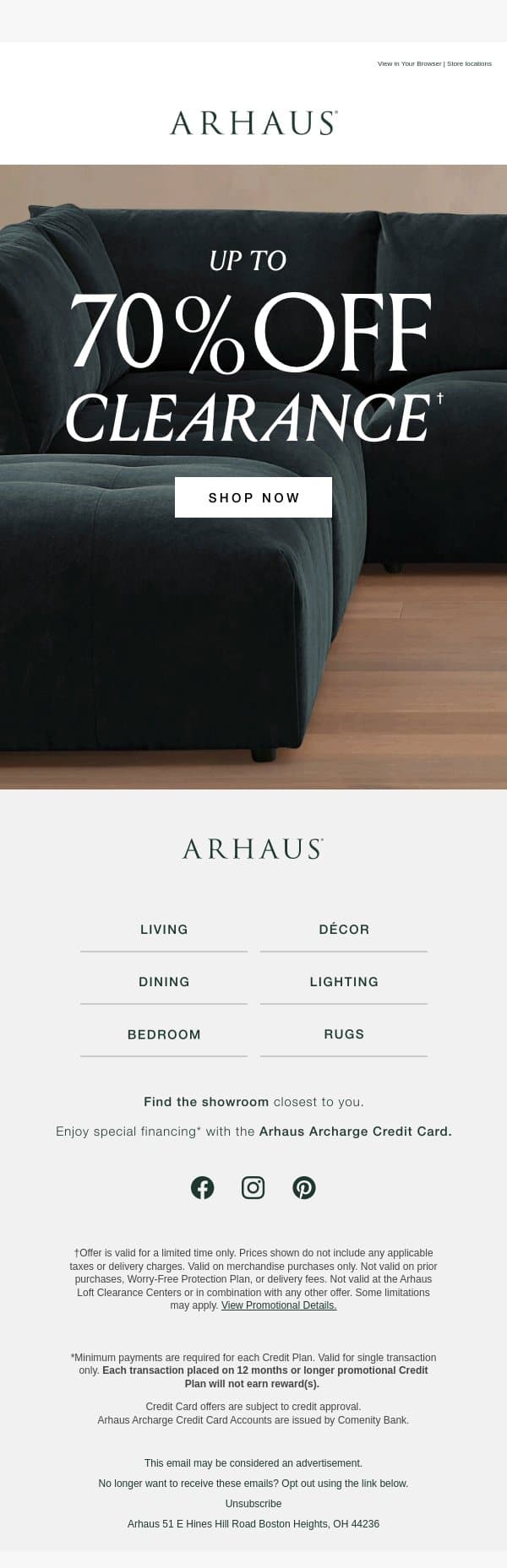Your Favorites, Now Up to 70% Off email from Arhaus screenshot