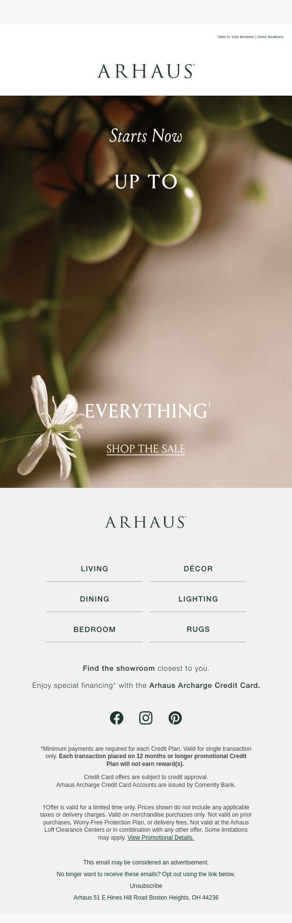 Up to 50% Off Everything Starts NOW email from Arhaus screenshot