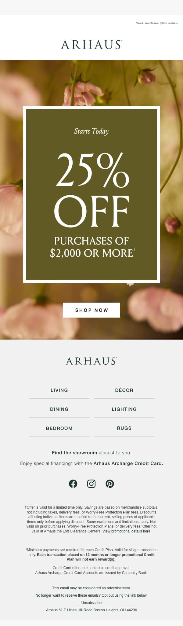 Starts Now: Take 25% Off email from Arhaus screenshot
