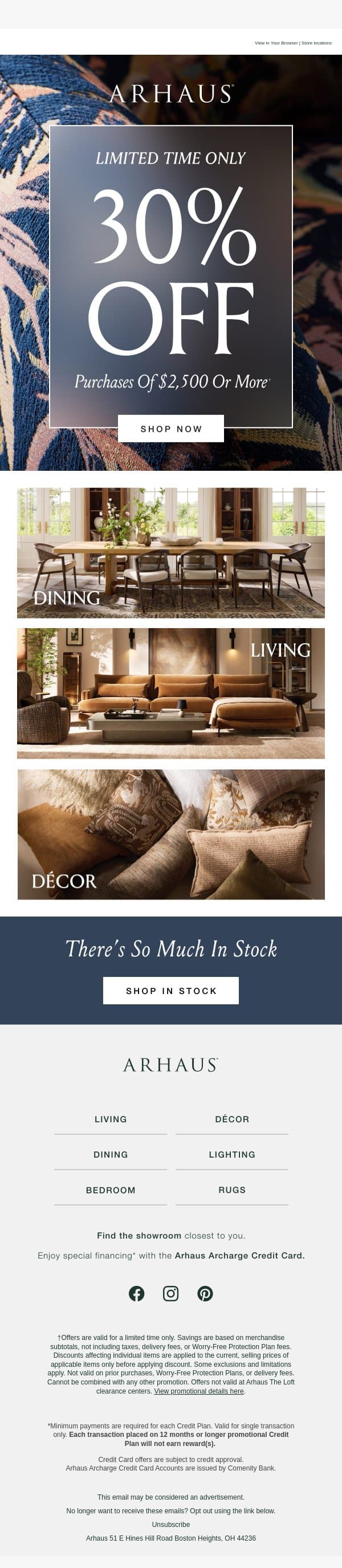 Starting Now: 30% Off Purchases of $2,500+ email from Arhaus screenshot