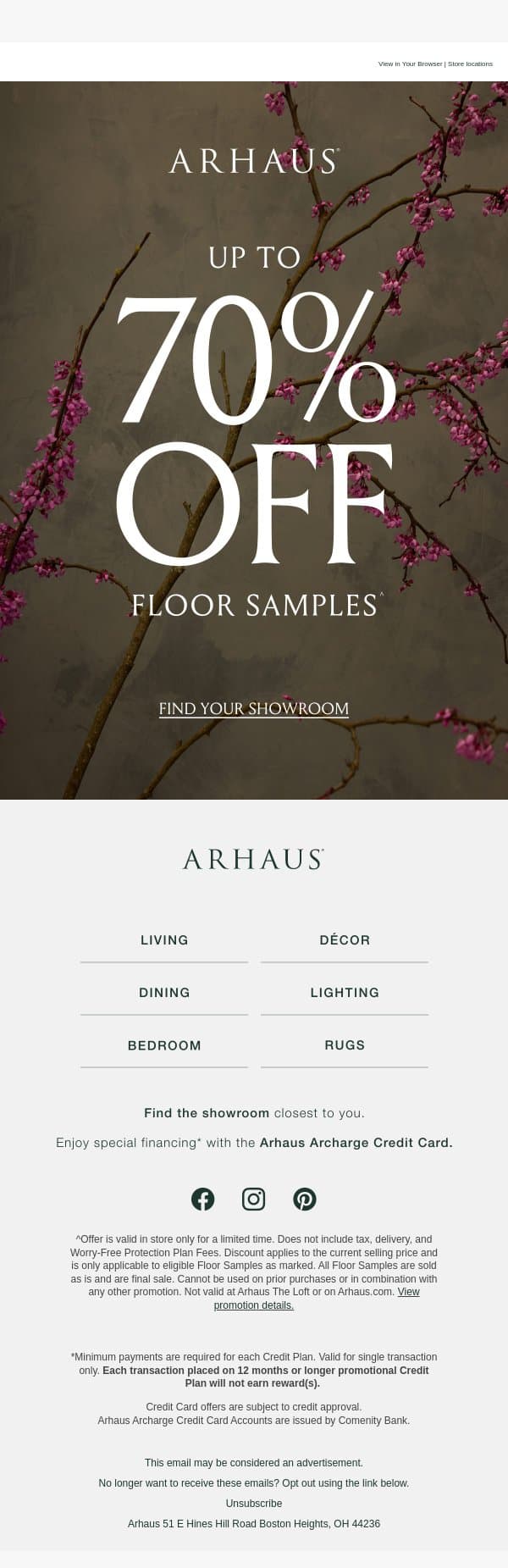 Up to 70% Off Floor Samples! email from Arhaus screenshot