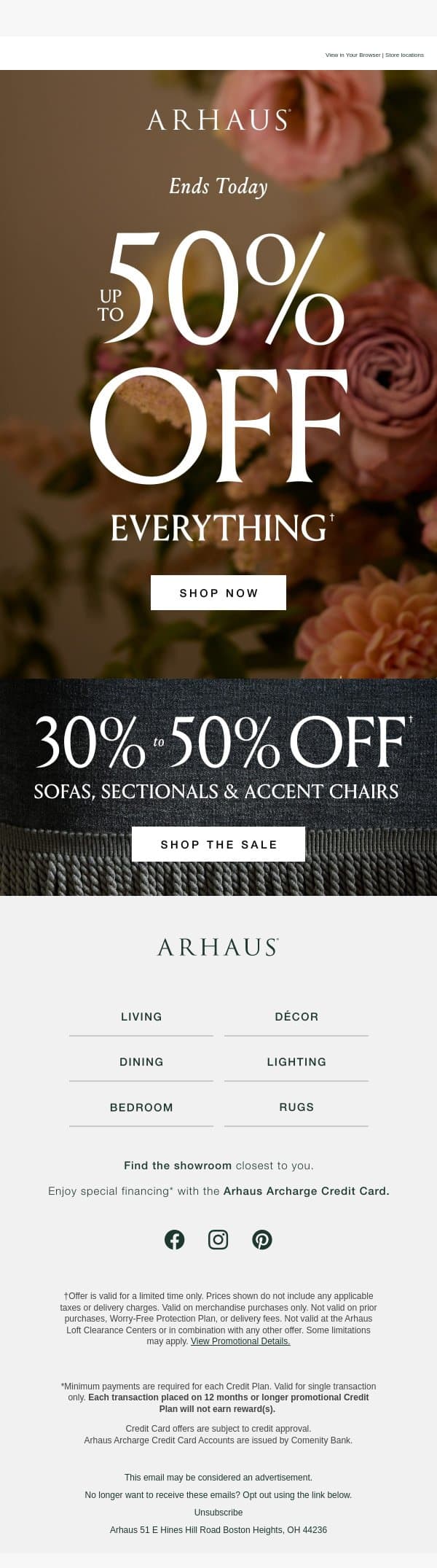 Last Chance: Up to 50% Off Everything! email from Arhaus screenshot