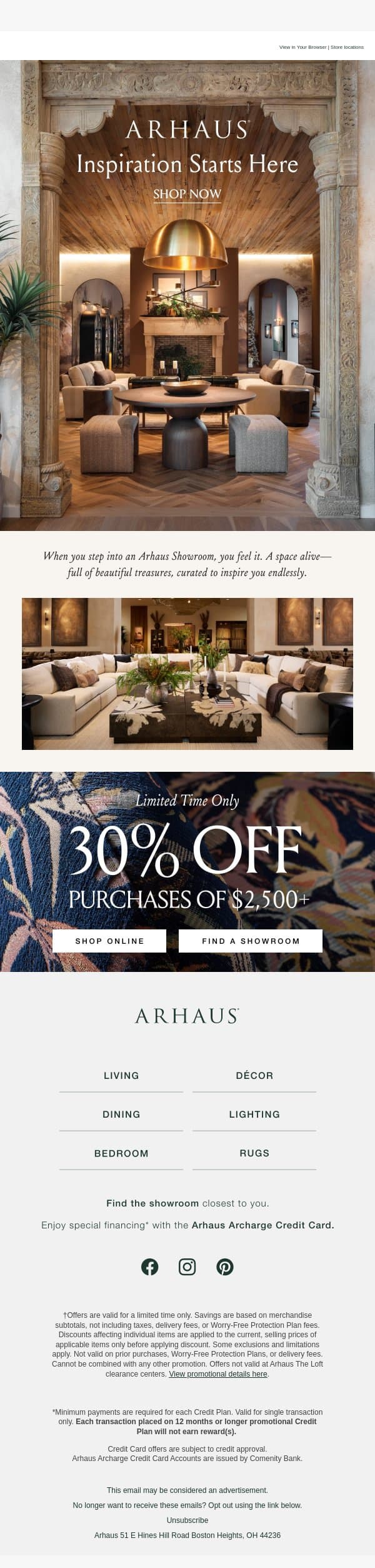 Inspiration in Every Showroom email from Arhaus screenshot