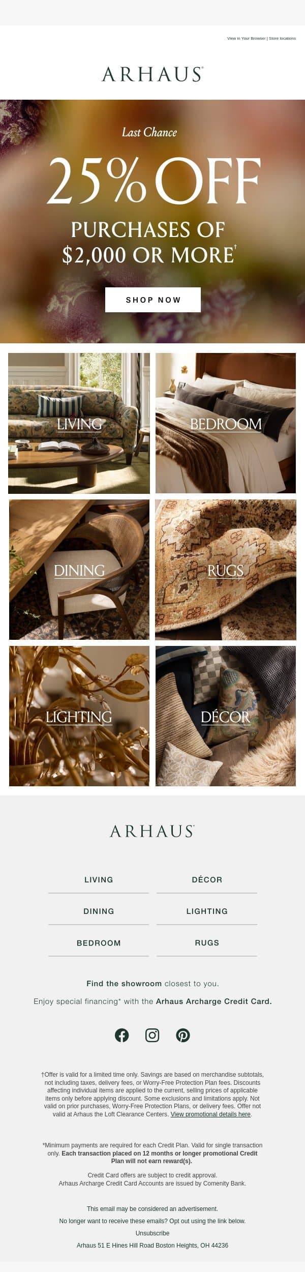 Last Chance to Save 25% email from Arhaus screenshot