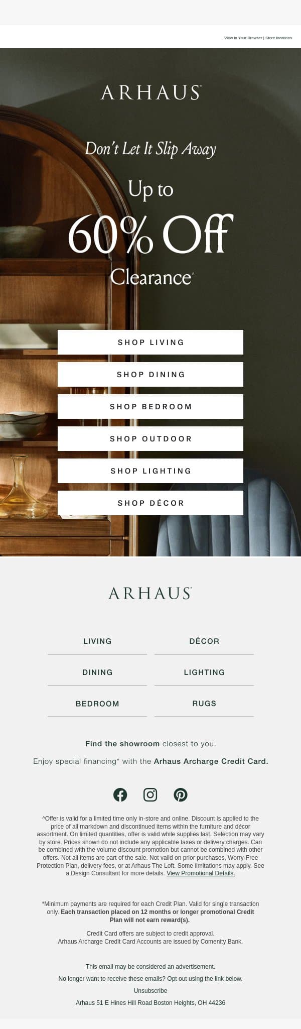 Going on Now: Up to 60% Off Clearance email from Arhaus screenshot