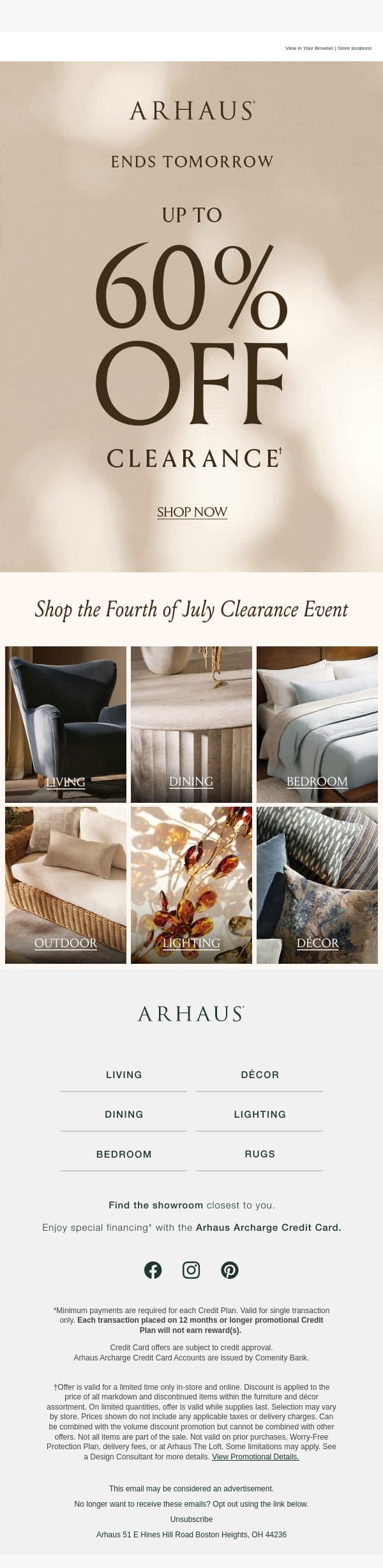 Up to 60% Off Clearance Ends Tomorrow email from Arhaus screenshot