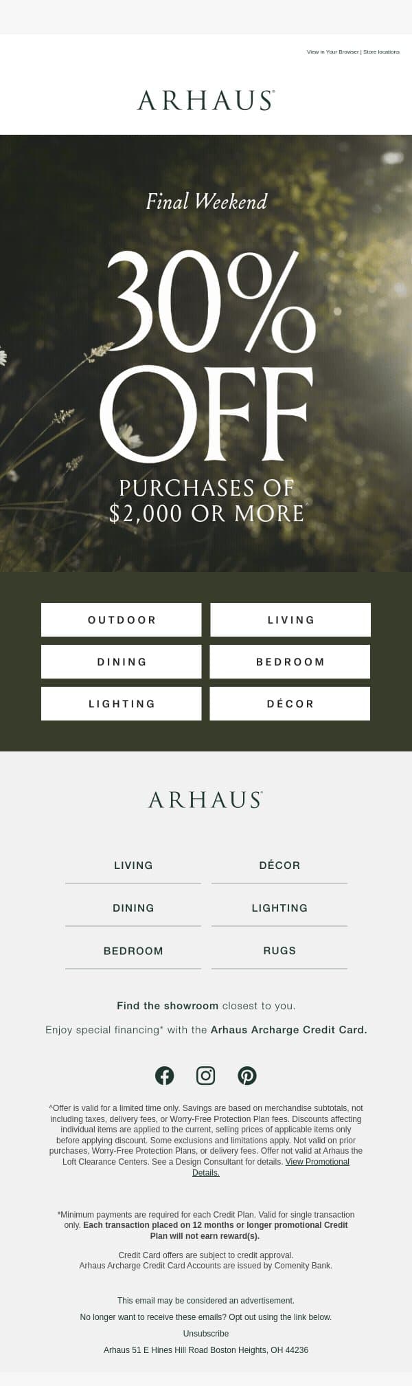 FINAL WEEKEND: 30% Off Purchases of $2,000+ email from Arhaus screenshot