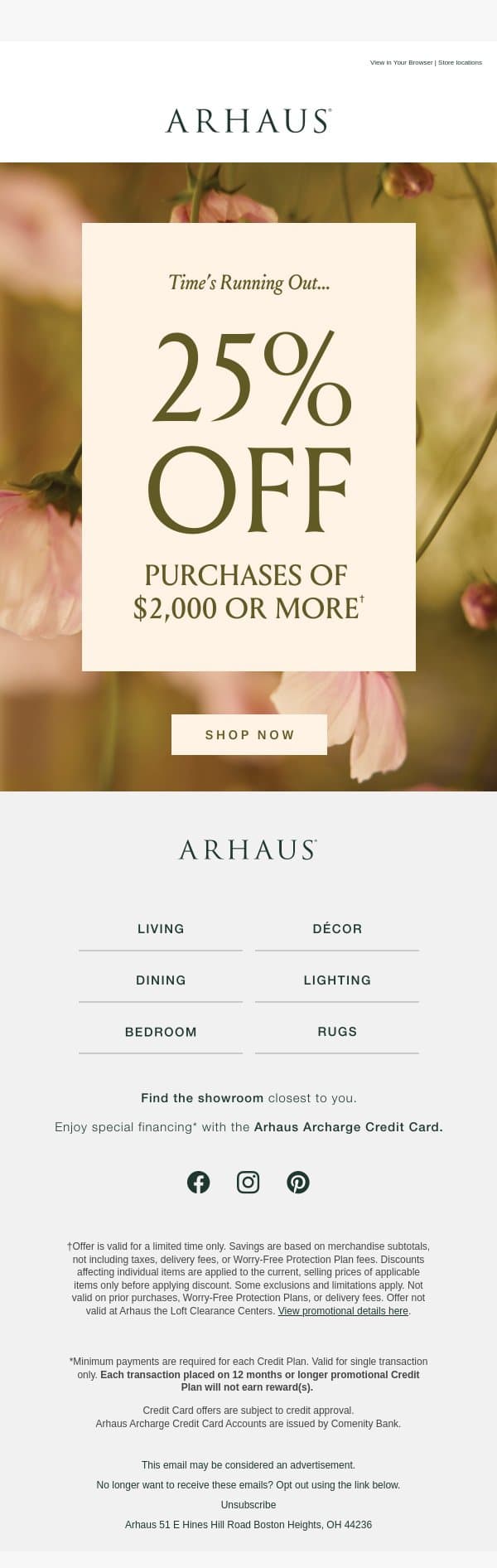 25% Off Ends Soon… email from Arhaus screenshot