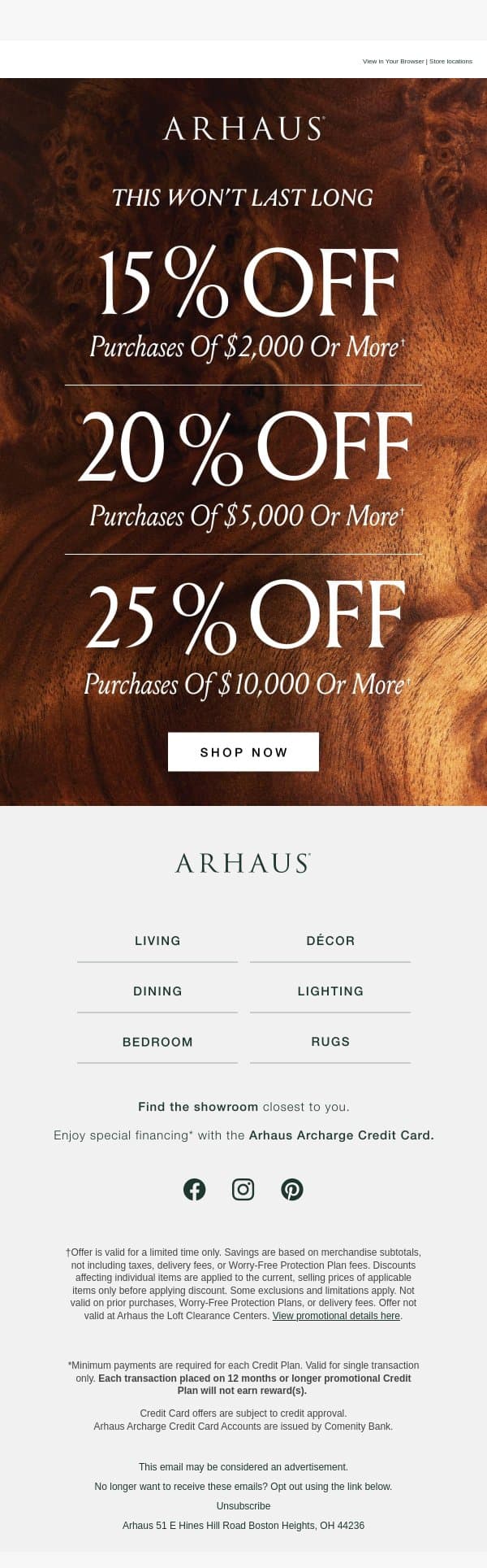 Up to 25%: Buy More, Save More! email from Arhaus screenshot