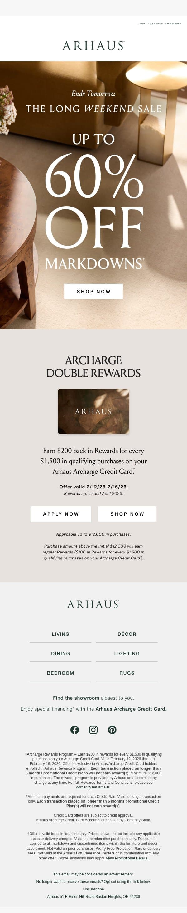 The Long Weekend Sale Ends Tomorrow email from Arhaus screenshot