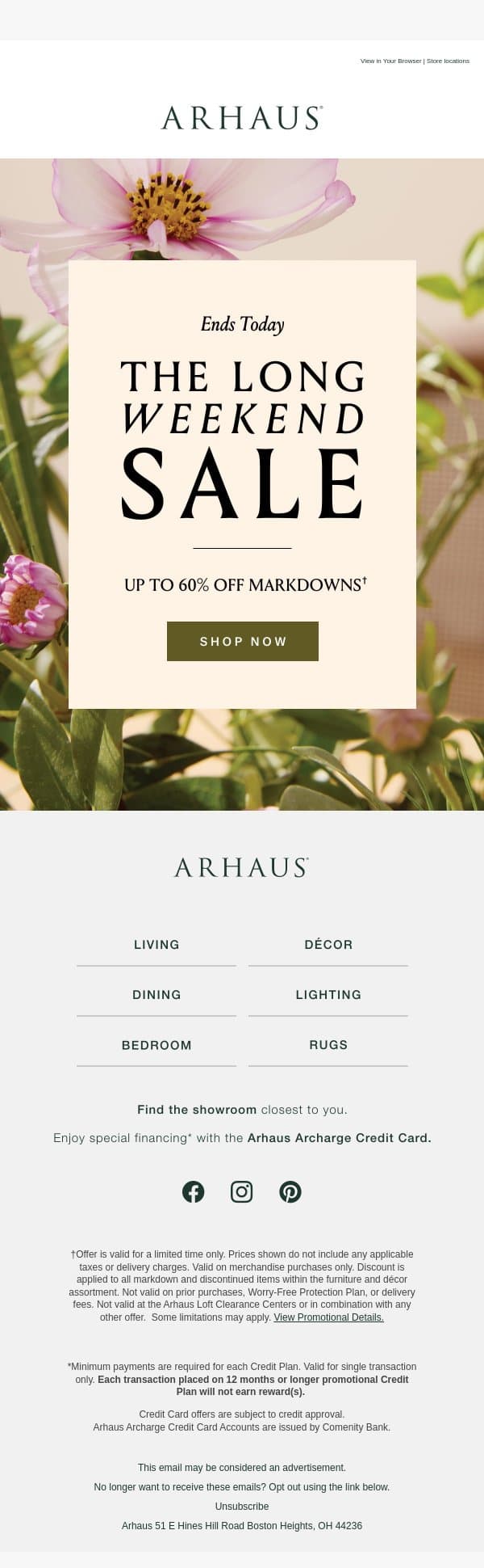FINAL DAY: The Long Weekend Sale email from Arhaus screenshot