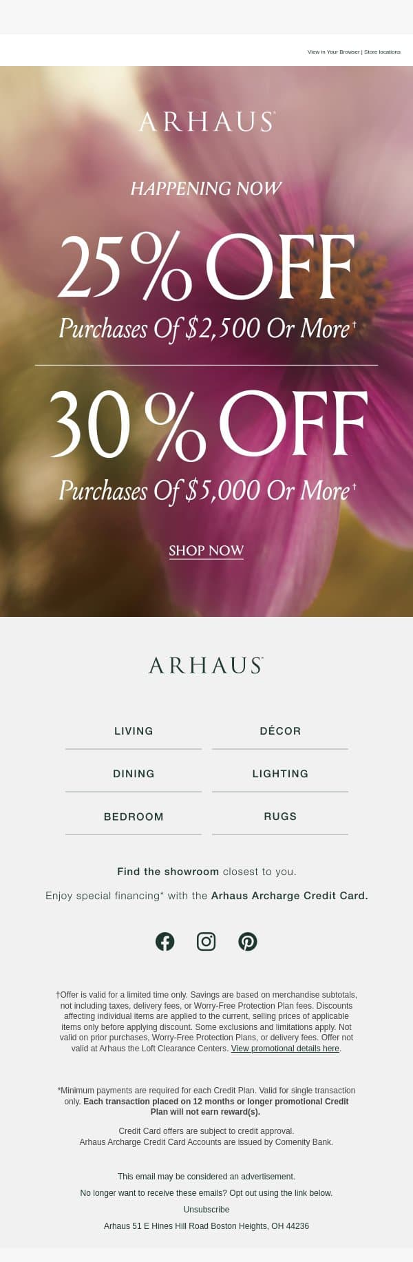 Happening Now: Up to 30% Off email from Arhaus screenshot