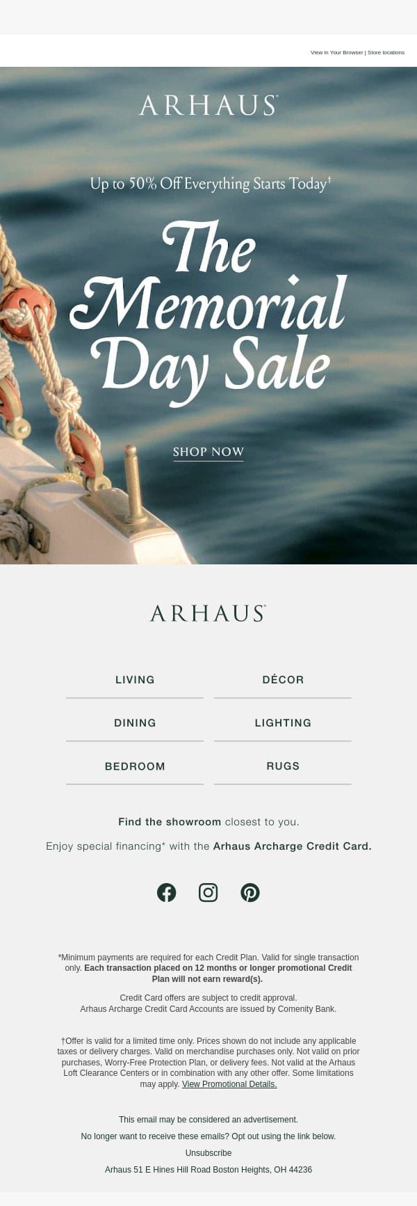 Up to 50% Off EVERYTHING email from Arhaus screenshot