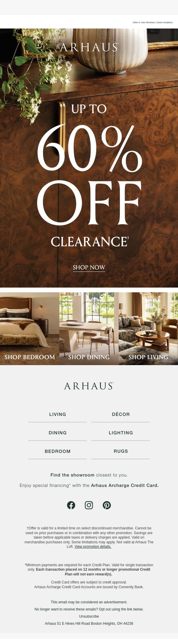 Up to 60% Off All Things Clearance email from Arhaus screenshot