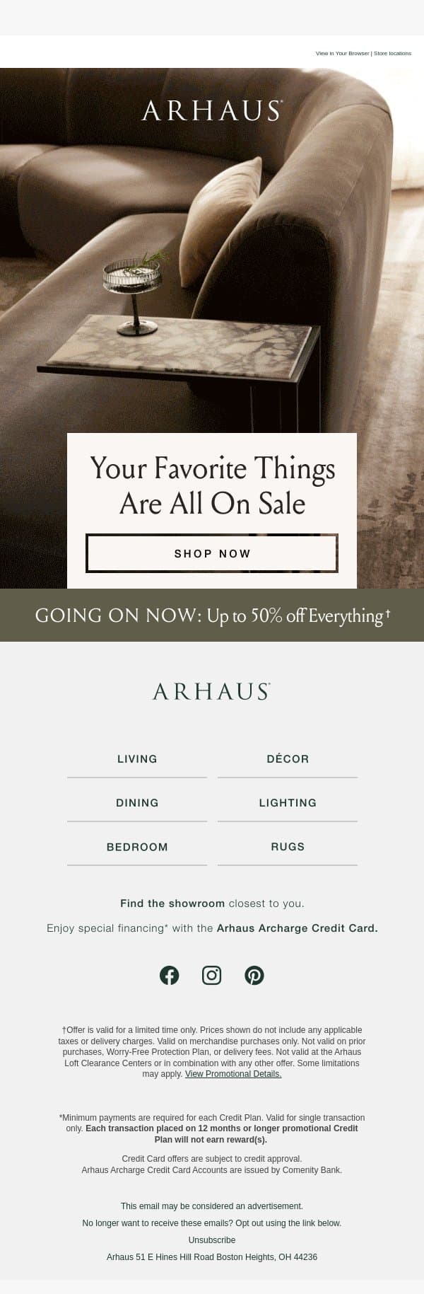 Up to 50% Off All Your Favorites email from Arhaus screenshot