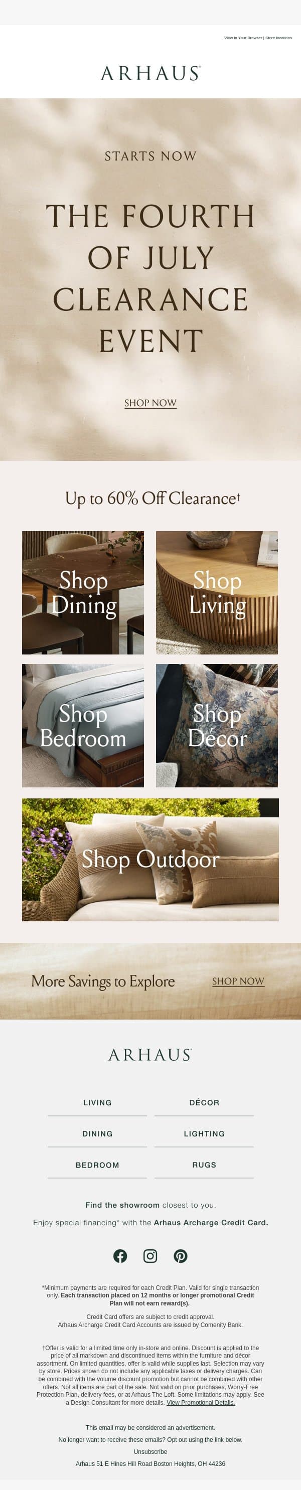 Up to 60% Off Clearance Starts NOW email from Arhaus screenshot