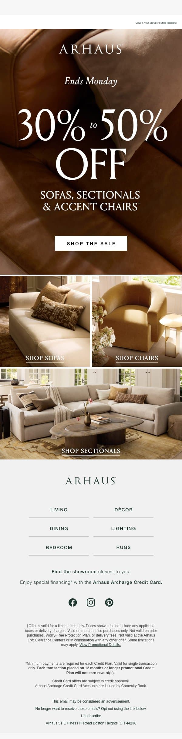 Our Seating Sale Ends Monday email from Arhaus screenshot