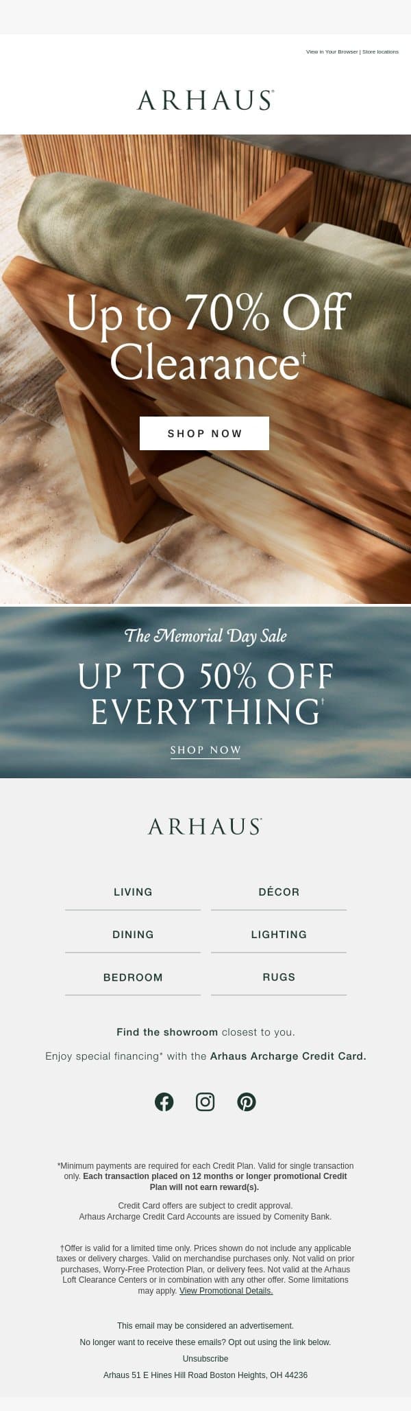 Going on Now: Up to 70% Off Clearance email from Arhaus screenshot