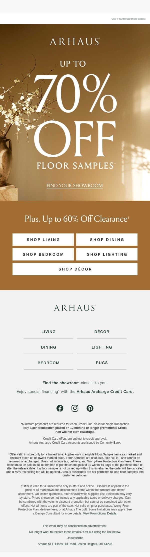 Up to 70% Off Floor Samples email from Arhaus screenshot