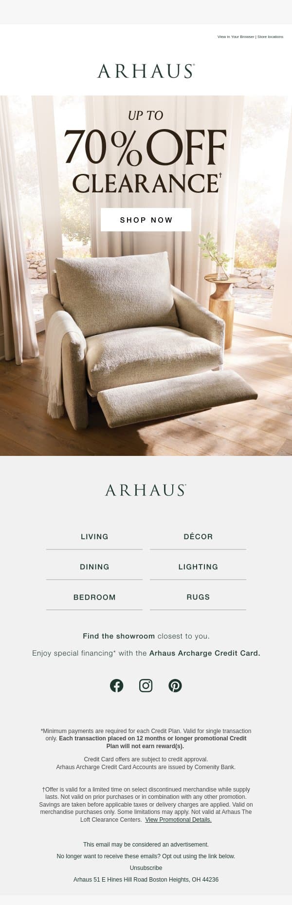 Up to 70% Off Clearance email from Arhaus screenshot