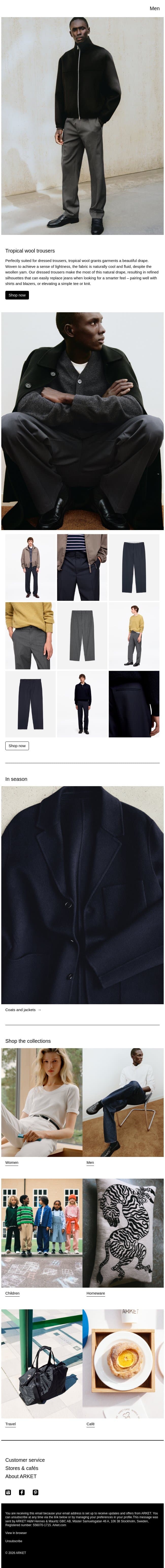 Tropical wool trousers email from Arket screenshot