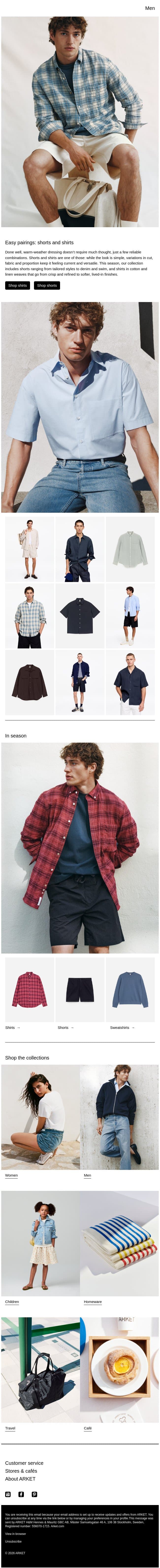 Easy pairings: shorts and shirts email from Arket screenshot