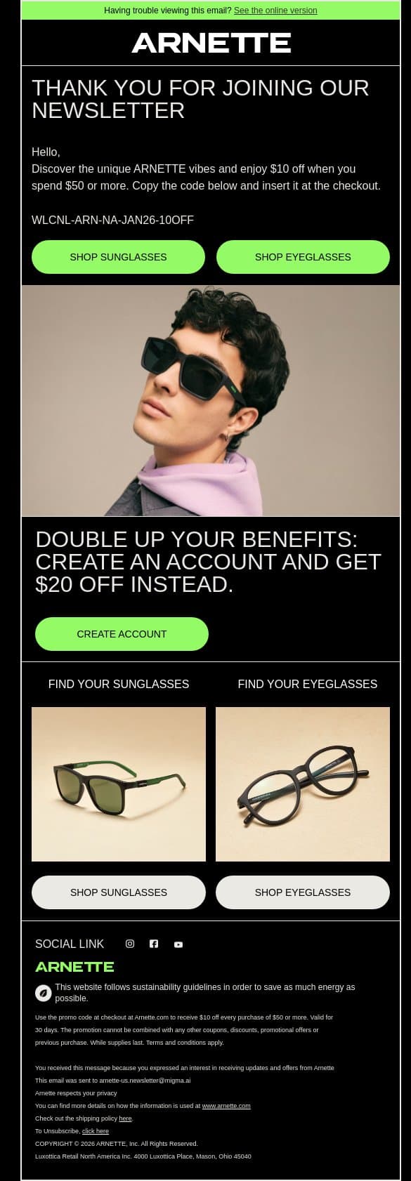 Welcome to the ARNETTE newsletter email from Arnette screenshot