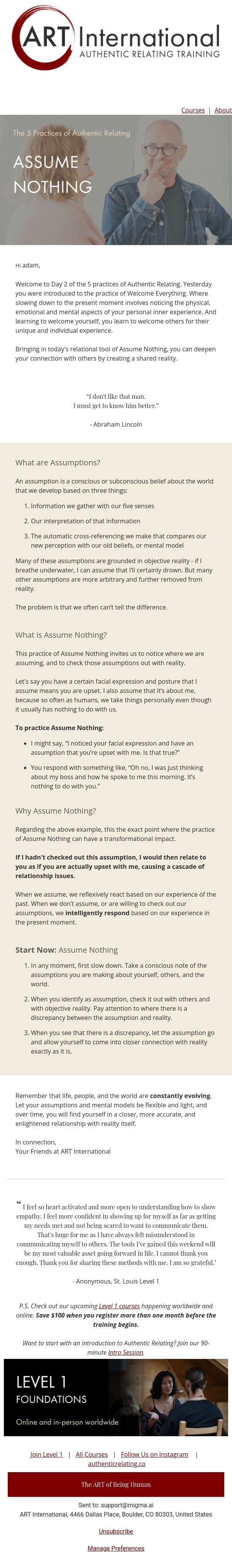 [Day 2 Relational Tools] Assume Nothing email from ART screenshot