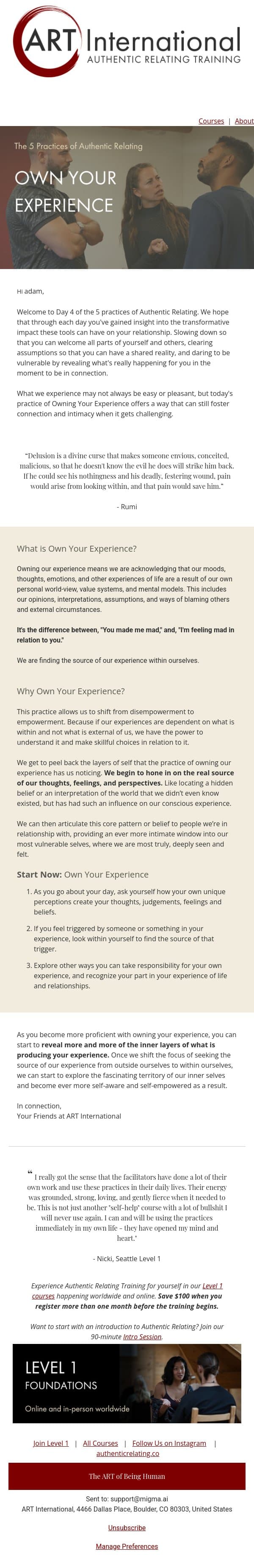 [Day 4 Relational Tools] Own Your Experience email from ART screenshot