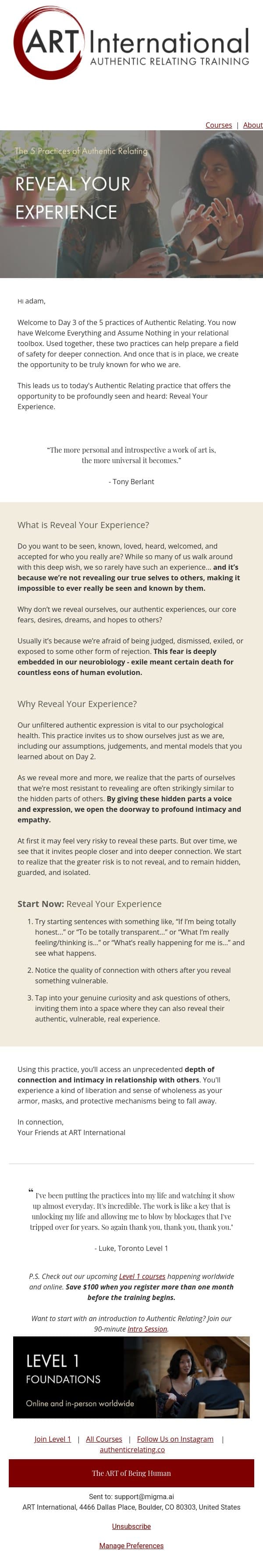 [Day 3 Relational Tools] Reveal Your Experience email from ART screenshot