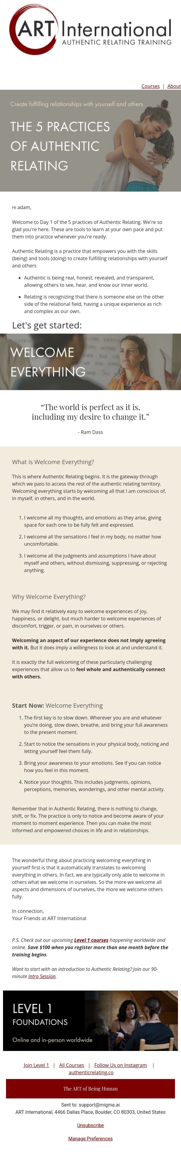 [Day 1 Relational Tools] Welcome Everything email from ART screenshot
