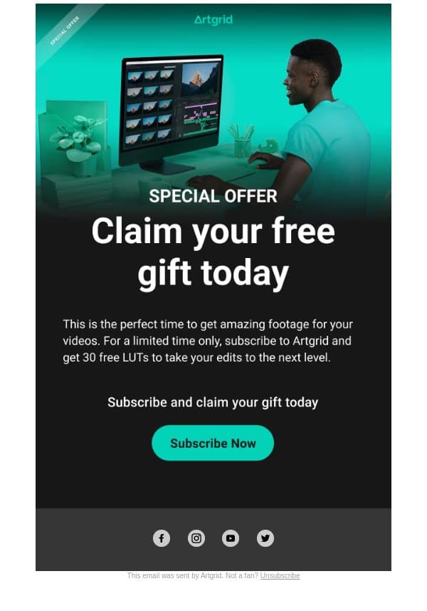 adam, Get 30 free LUTs email from Artgrid screenshot