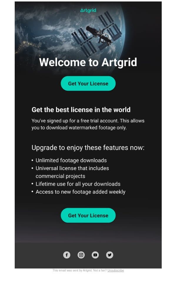 adam, welcome to Artgrid! email from Artgrid screenshot