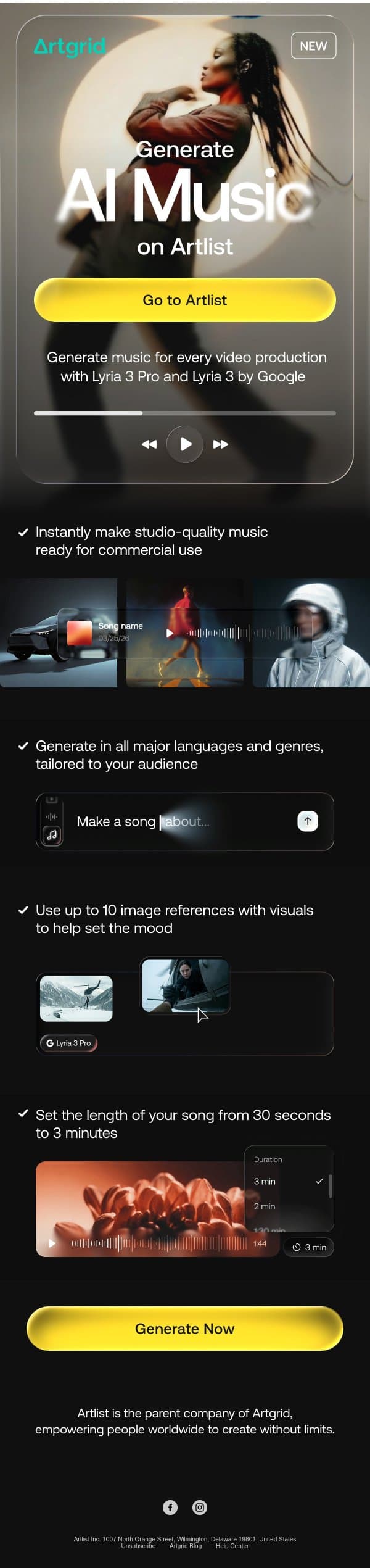 New! AI music is now on Artlist! Start creating with Google’s new model email from Artgrid screenshot