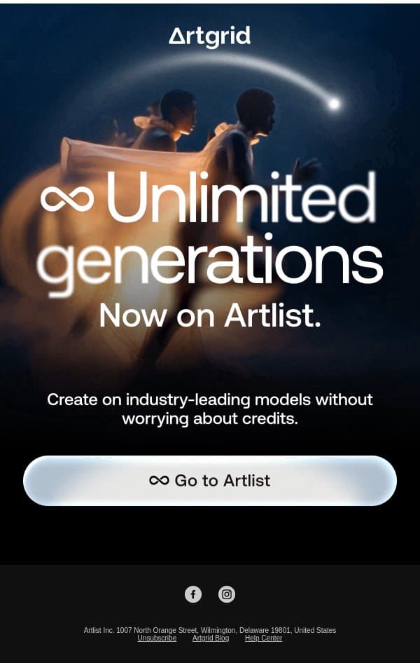 Big news! Unlimited generations are now on Artlist email from Artgrid screenshot