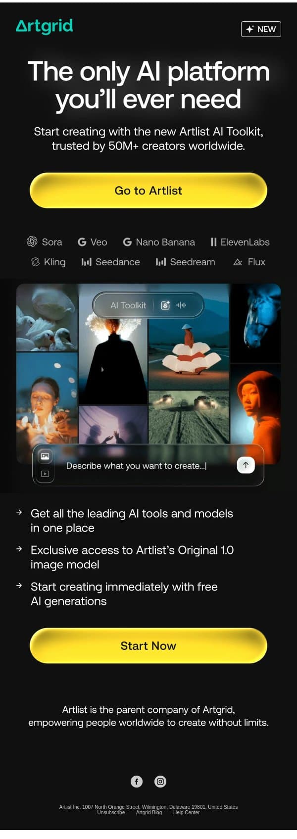 Join Artlist AI to get all the leading AI tools for video creators email from Artgrid screenshot