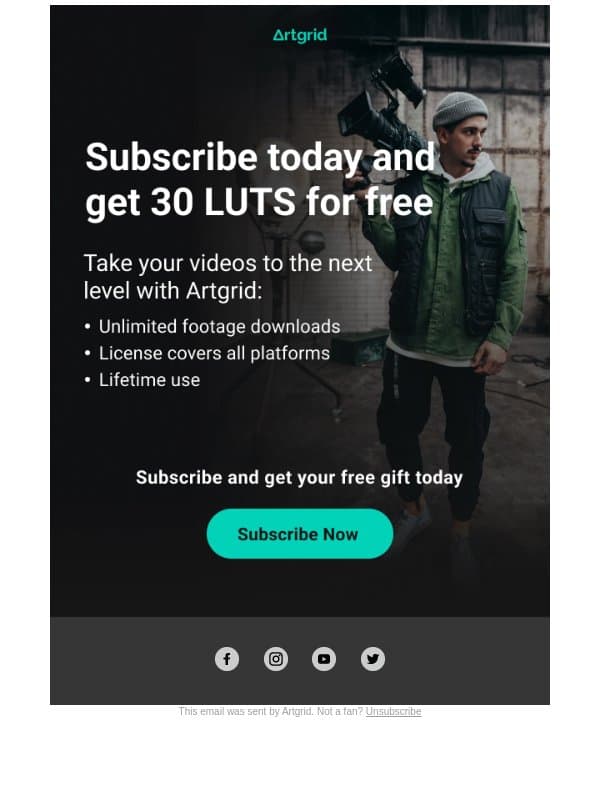adam, Artgrid would like to welcome you with 30 free LUTs email from Artgrid screenshot