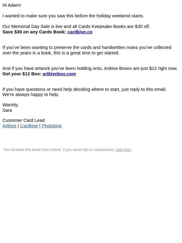 Quick note before the long weekend 🎉 email from Artkive screenshot