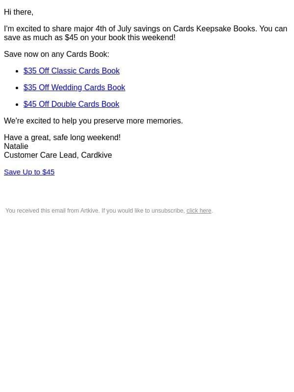 For your cards: save up to $45 on books! email from Artkive screenshot