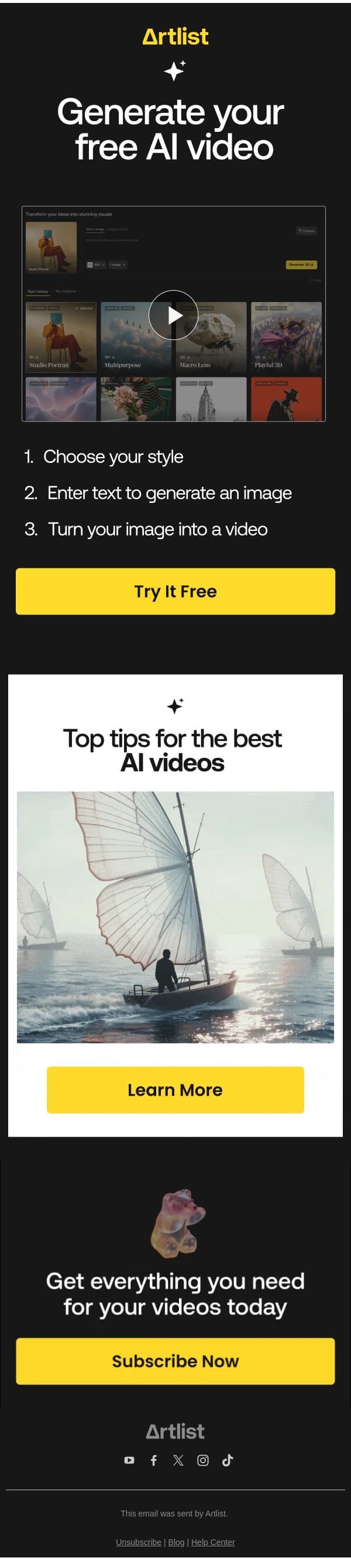 adam, create your first AI video free email from Artlist screenshot