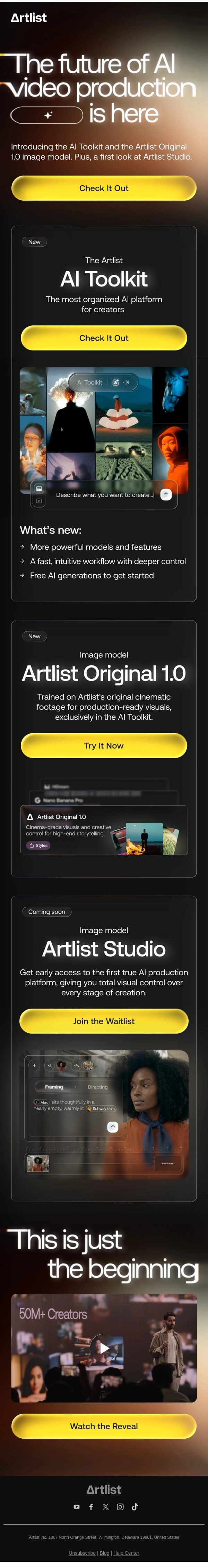 The future of AI video production starts here email from Artlist screenshot