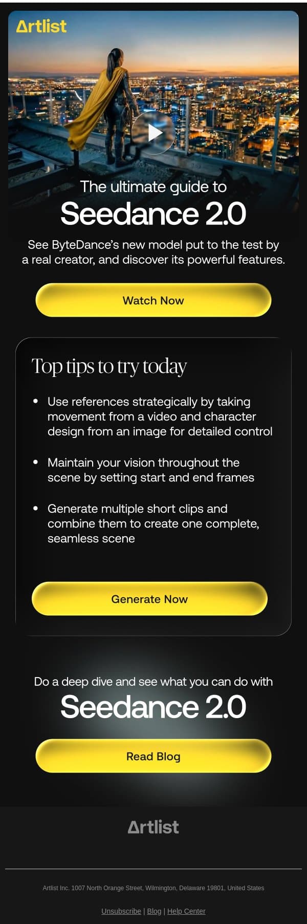 Get the ultimate guide for Seedance 2.0 email from Artlist screenshot