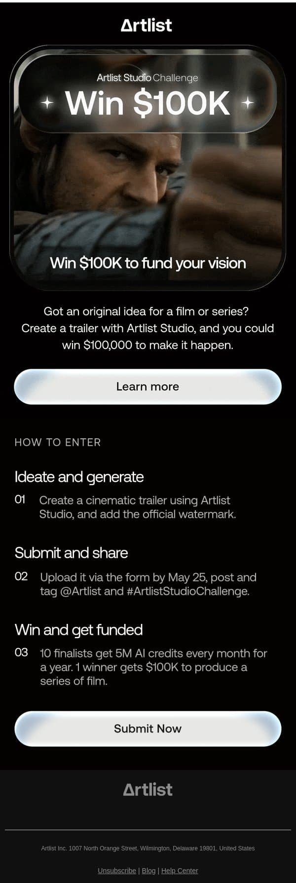 Win $100,000 to make your dream project with the Artlist Studio Challenge email from Artlist screenshot