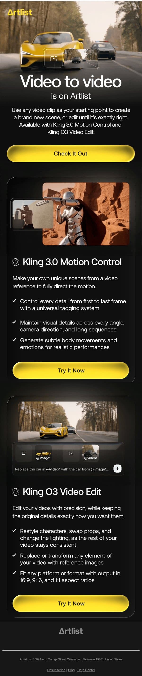 Video-to-video is now on Artlist! Generate AI videos with more control than ever email from Artlist screenshot
