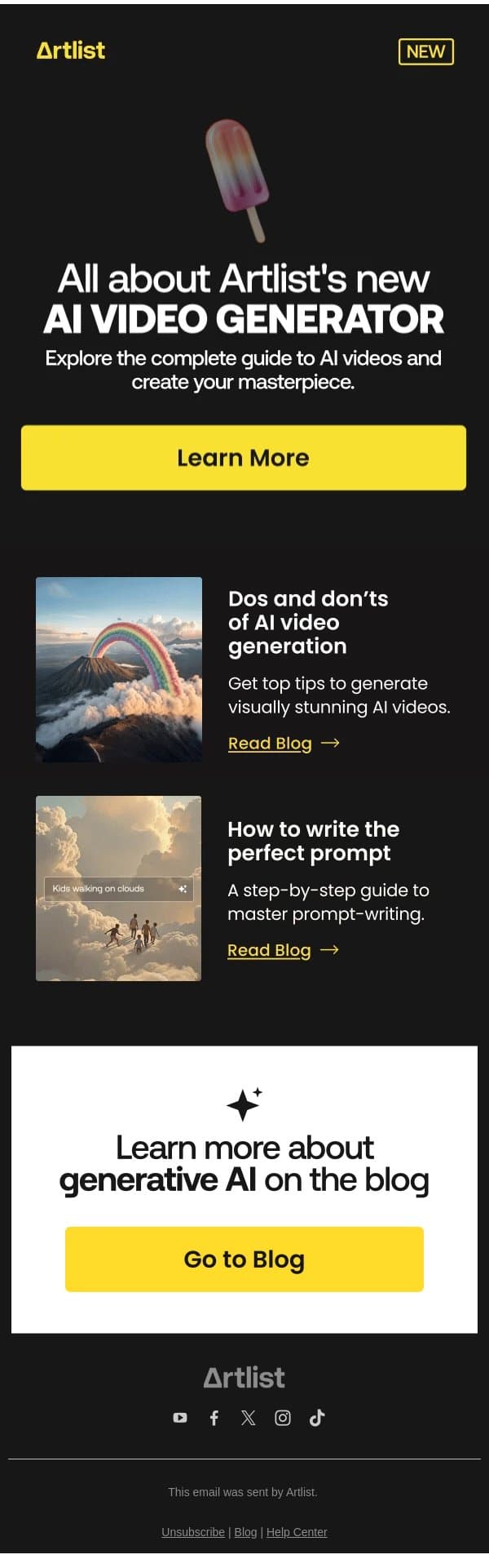 Everything you need to know about AI video generation email from Artlist screenshot