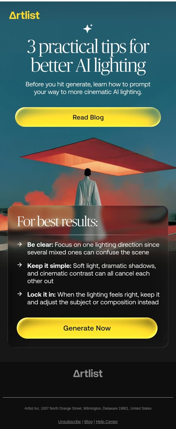 How to control lighting with AI prompts email from Artlist screenshot
