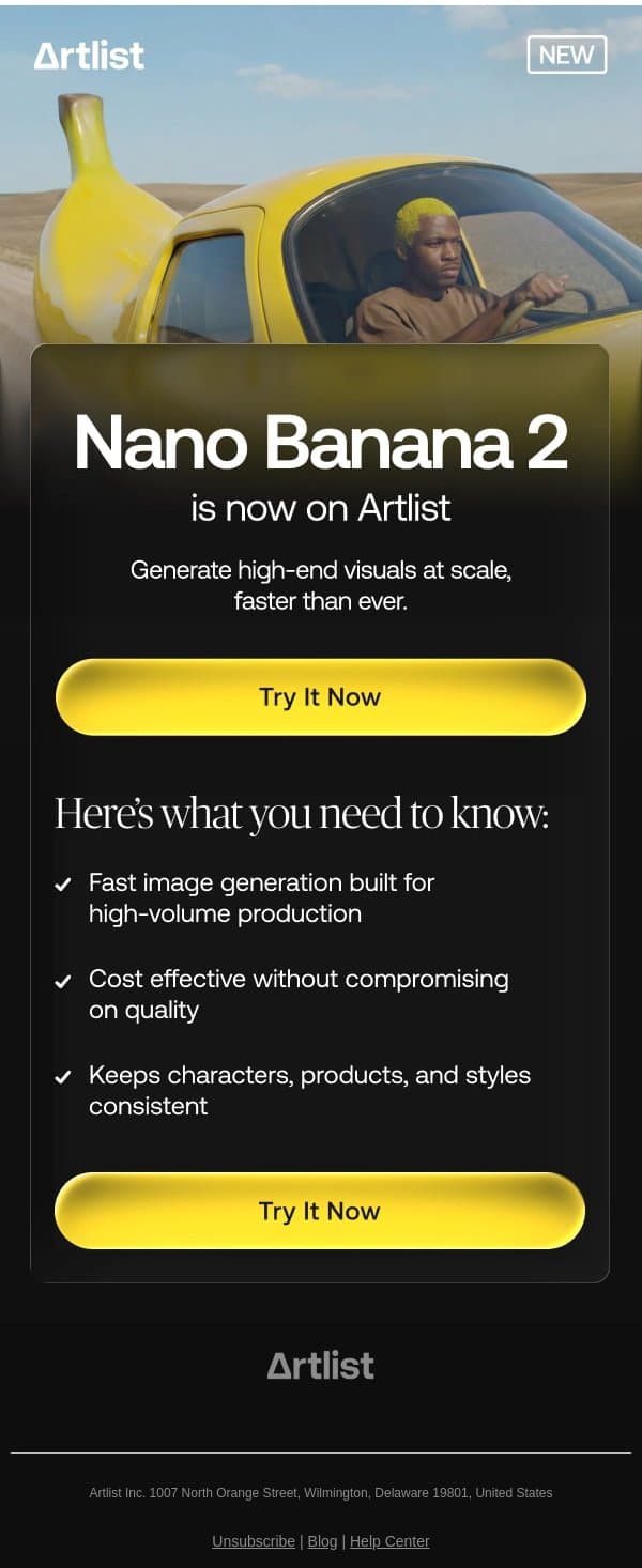 🍌🍌Nano Banana 2 is now on Artlist! email from Artlist screenshot
