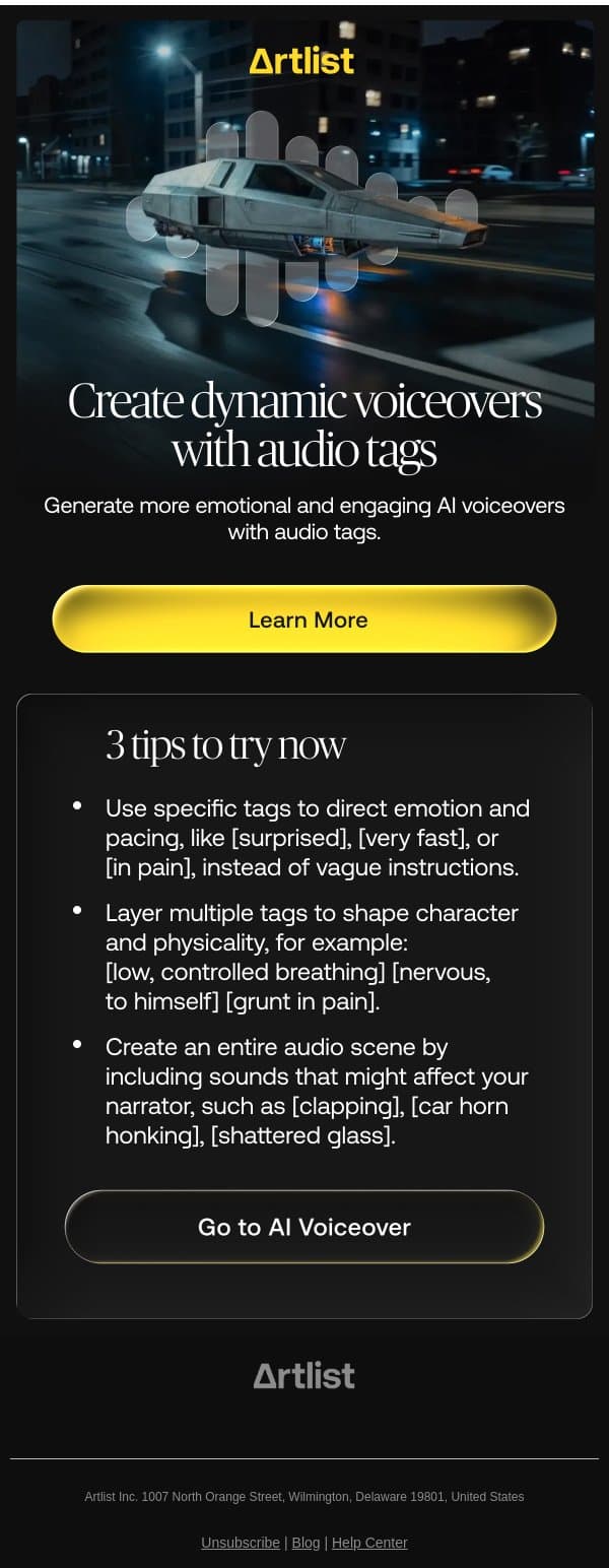 How to use audio tags to direct your AI voiceovers email from Artlist screenshot