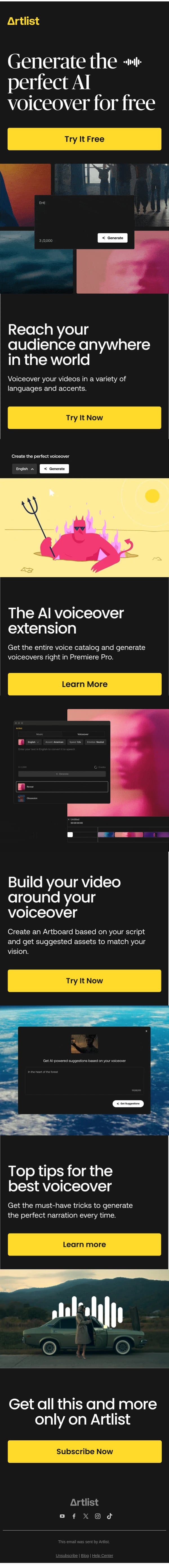 adam, it’s time to generate your free AI voiceover email from Artlist screenshot
